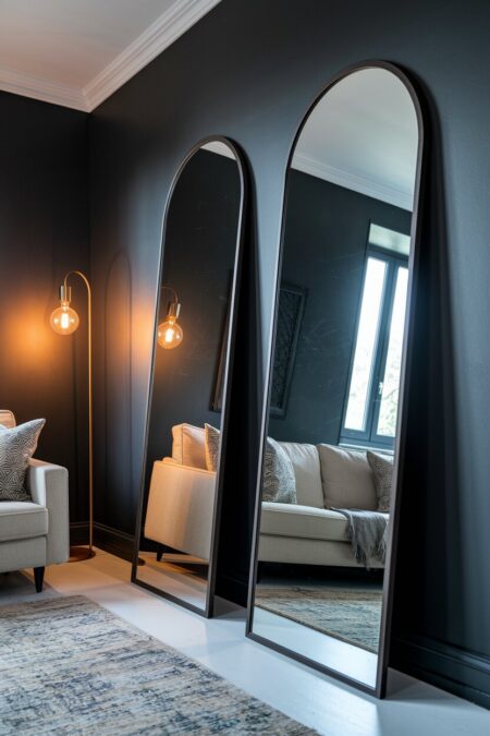 dark living room with two large leaning mirrors and an arched floor lamp