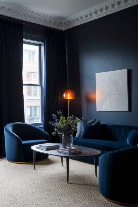 dark navy blue living room with a warm floor lamp and light artwork