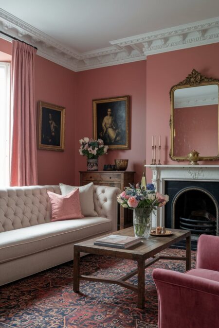 dusty rose living room with a tufted ivory linen sofa and vintage decor