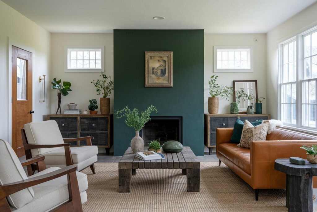 earthy living room with a fireplace, dark green accent wall, leather couch, and wood accents