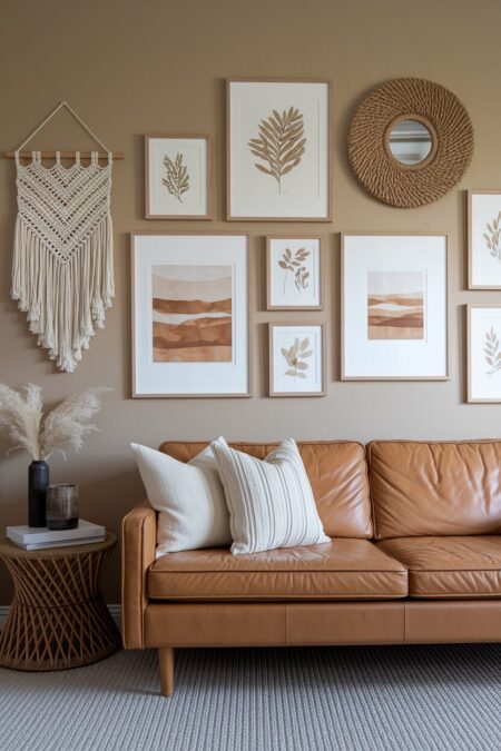 earthy living room with a leather sofa and gallery wall