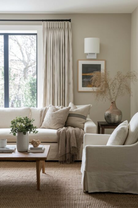 earthy living room with a linen sofa and armchair, hemp throw pillows covers, and greige walls
