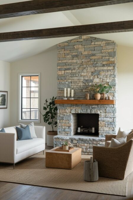 earthy living room with a stone fireplace, wooden mantel with candles, and low-slung seating
