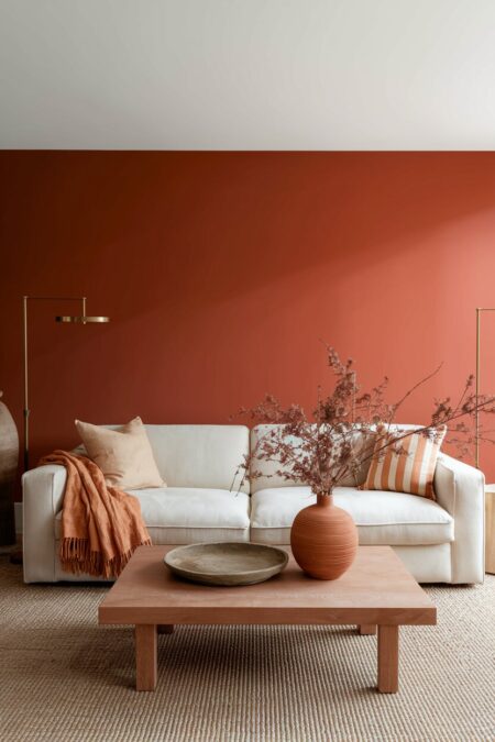 earthy living room with a terracotta wall and warm cream sofa