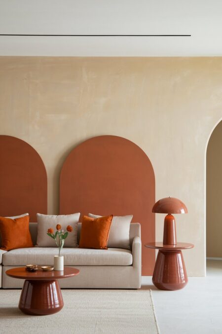 earthy living room with beige walls, rust throw pillows, an ochre-glazed ceramic lamp, side table, and a coffee table