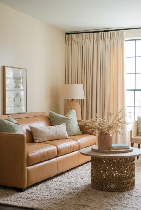 earthy living room with cream walls, a camel-toned leather sofa, and a few soft sage throw pillows