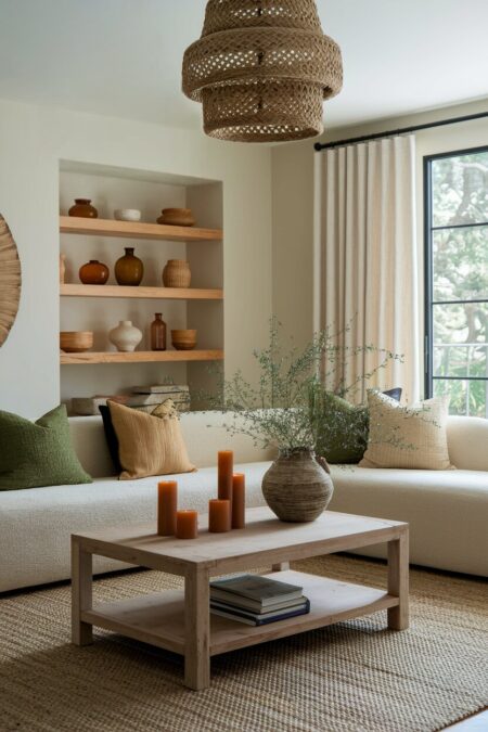 earthy living room with handcrafted objects, a modern cream corner sofa, and pillar candles on the coffee table