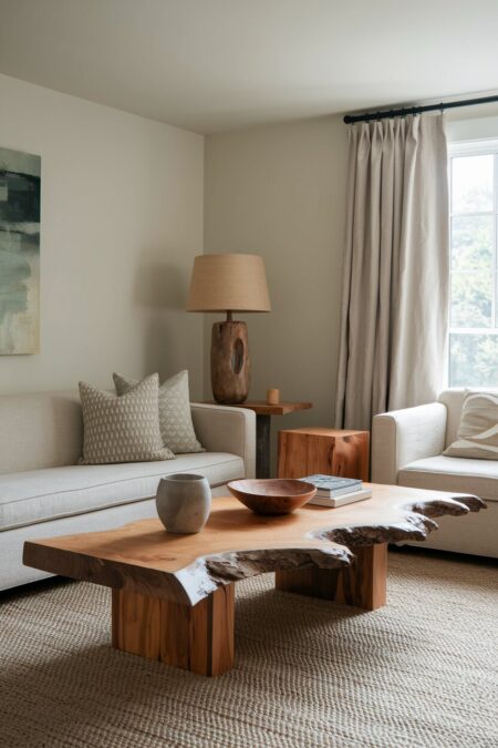 earthy living room with neutral walls, a chunky live-edge coffee table, linen sofa and armchair
