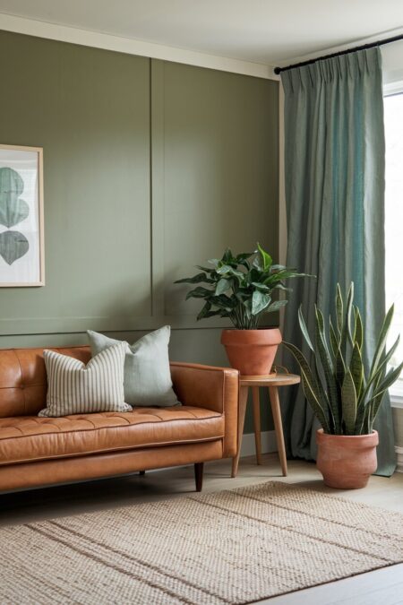 earthy living room with sage green walls, a chestnut leather sofa, and houseplants in terracotta pots