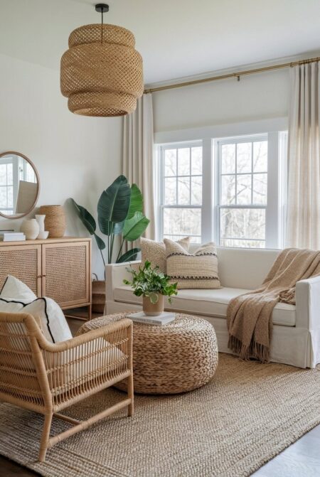 earthy living room with white walls, rattan furniture, and a jute area rug