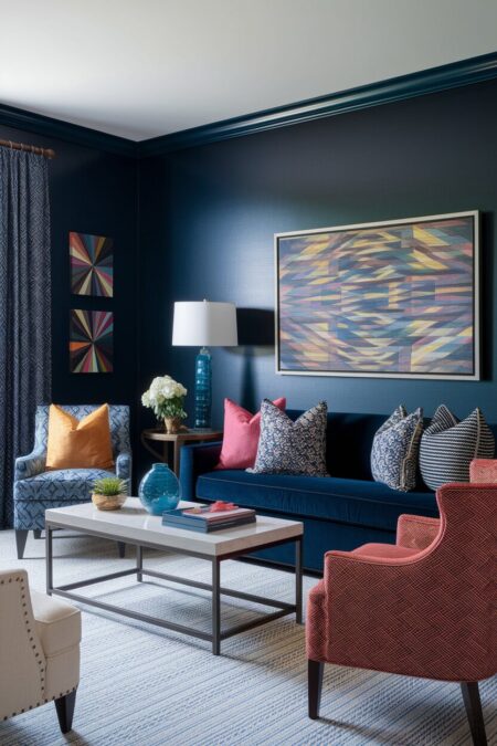 eclectic navy blue living room with colorful artwork