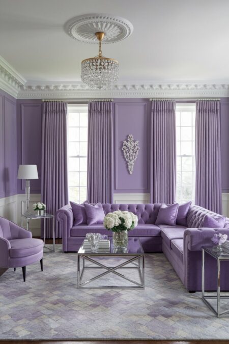 glamorous lavender living room with a plush velvet rolled-arm sectional, mirrored side tables, and crystal pendant lighting
