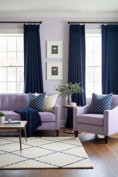 lavender living room with a navy blue throw blanket, curtains, and throw pillows with geometric pattern