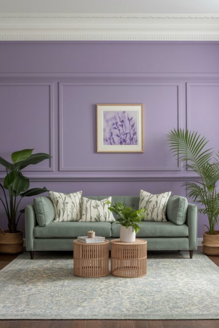 lavender living room with a sage green sofa and botanical-print throw pillows