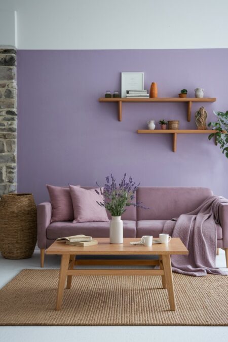 lavender living room with a wood coffee table and open shelving, a dusty mauve sofa