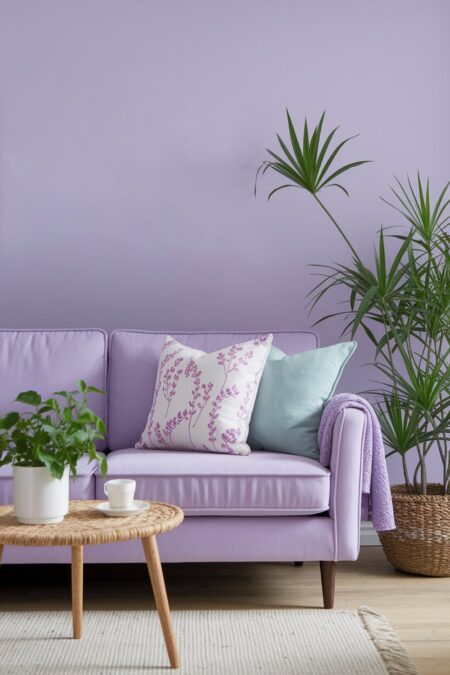 lavender living room with floral print on the throw pillow