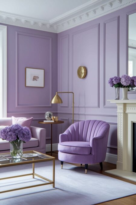 lavender living room with wall moldings, a brass floor lamp, and a lavender velvet accent chair