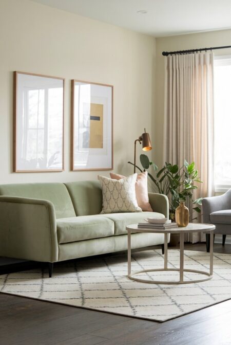 light living room with a sage green velvet sofa