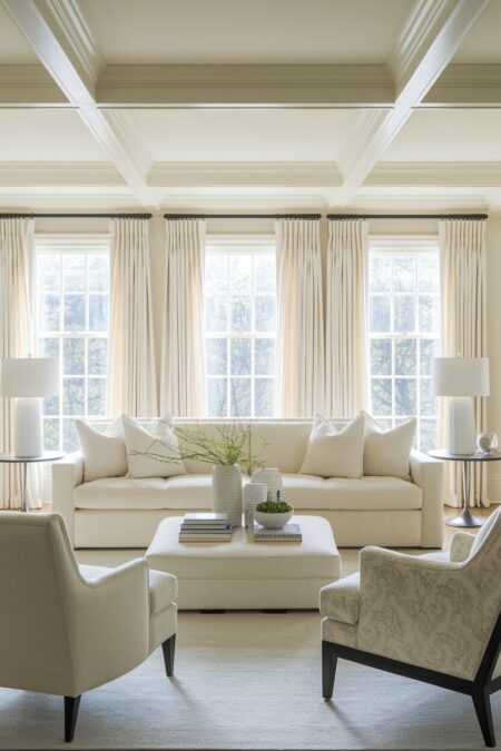 light monochromatic cream living room with large windows