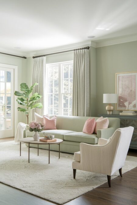 romantic light sage green living room with blush pink decor