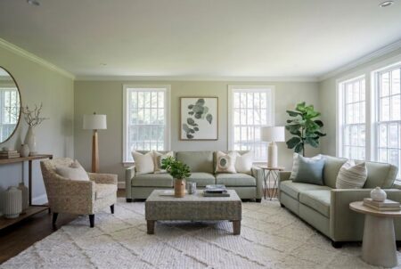 light sage green living room with two sofas and an armchair