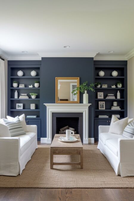 living room with a navy blue accent wall and fireplace
