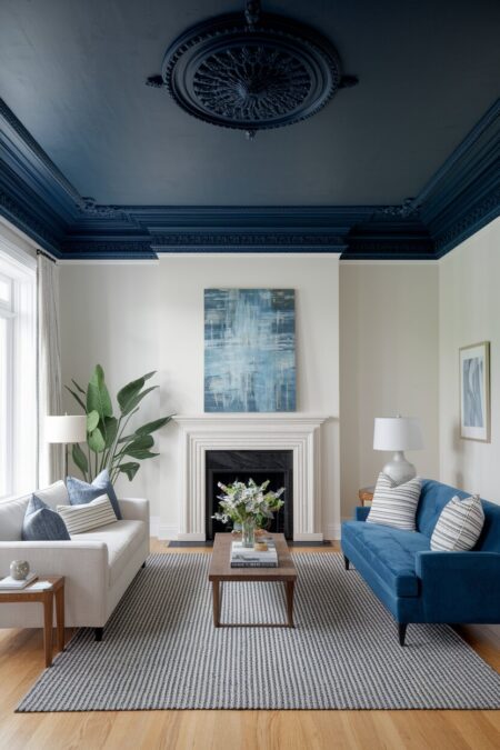 living room with a navy blue ceiling and white walls