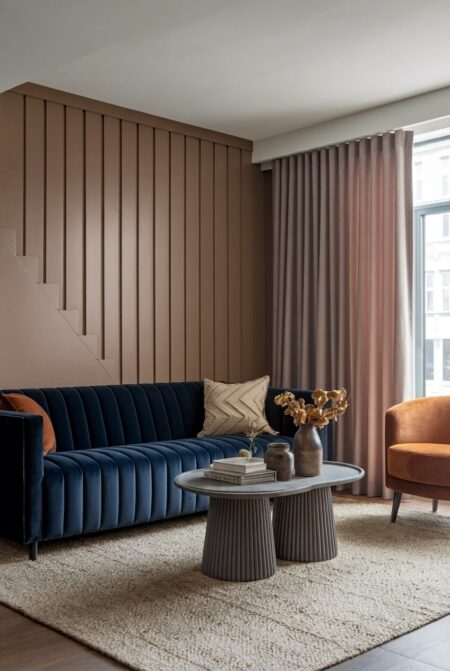 living room with a navy blue velvet sofa and taupe wall