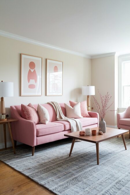 living room with a pink sofa, cream walls, a gray area rug, and warm wood coffee table