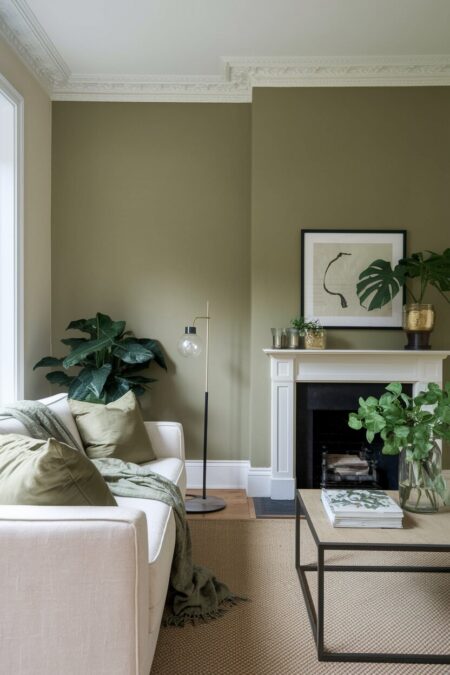 living room with a sage green accent wall, light couch, and a fireplace