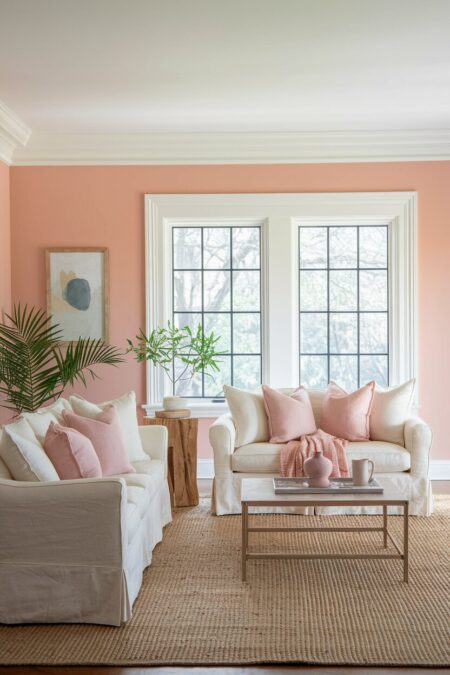 living room with blush pink walls and linen ivory upholstery