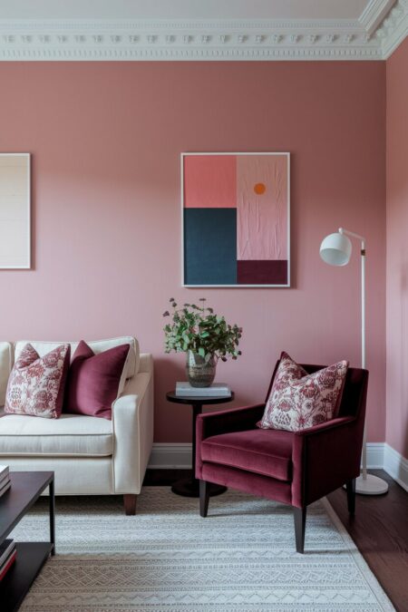 living room with blush pink walls, dark red accent chair and throw pillows