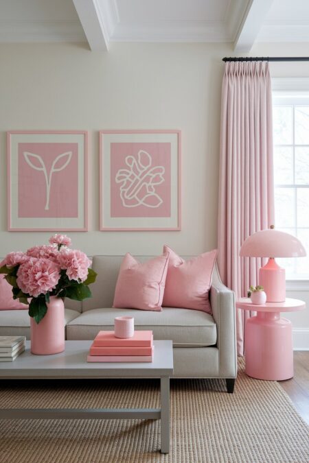 living room with cream walls, a gray sofa, and pink accents in decor
