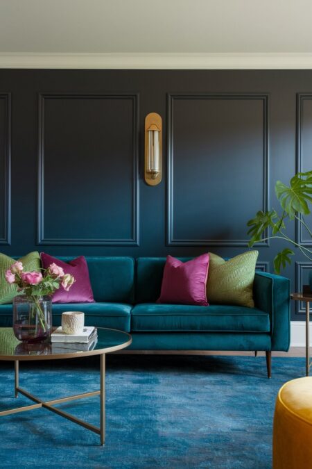living room with dark charcoal walls, green and deep amethyst pillows on an emerald sofa, and a sapphire blue area rug