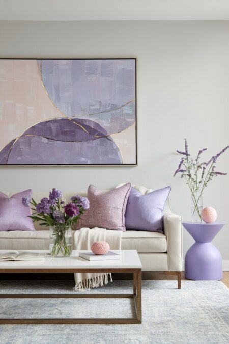 living room with a lavender abstract art, throw pillows, and a side table