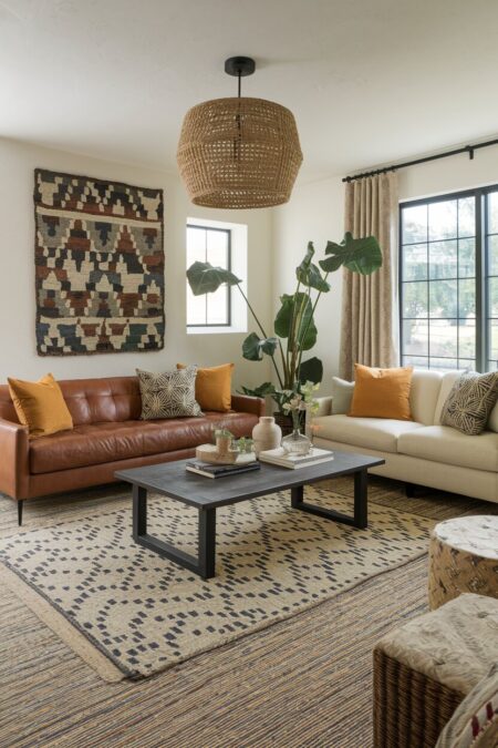 living room with modern sofas, earthy patterned textiles and rugs