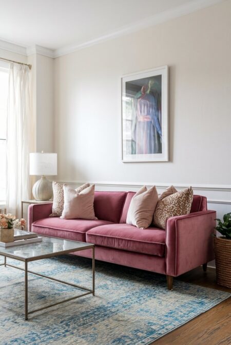 living room with neutral walls and a dusty rose velvet sofa