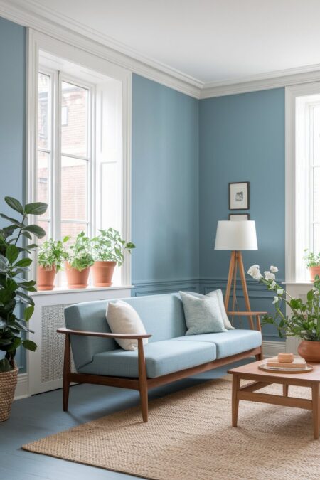 living room with pastel blue walls with a gray undertone, walnut and oak furniture, a sisal area rug, and terracotta pots