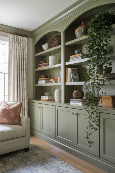 living room with sage green built-in cabinetry