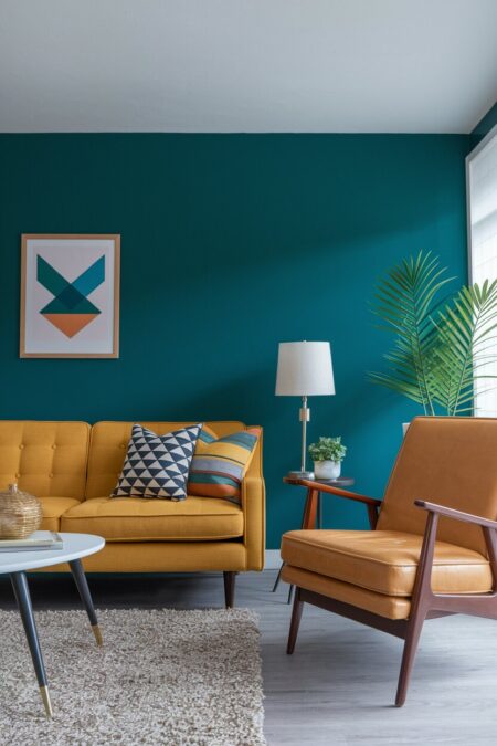 living room with teal walls, mid-century modern furniture in mustard yellow color, and geometric-patterned throw pillows