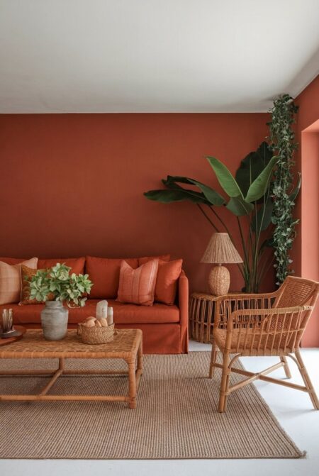 living room with terracotta walls, rattan furniture, and a burnt sienna sofa