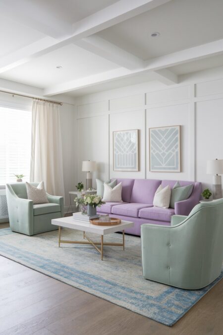 living room with white walls, a lilac sofa, sage green accent chairs, a soft blue rug, and cream throw pillows