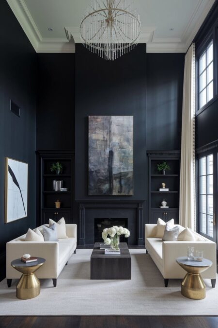 luxury dark living room with high ceilings, a statement chandelier, oversized abstract artwork, and cream furniture