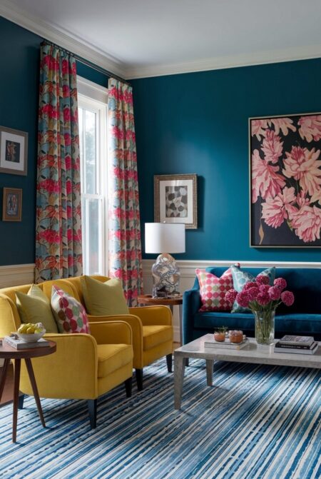 maximalist colorful living room with navy blue walls