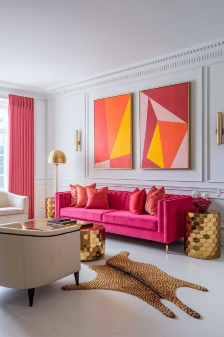 maximalist living room with white walls, a hot pink sofa, vibrant artwork, and gold metallic accents