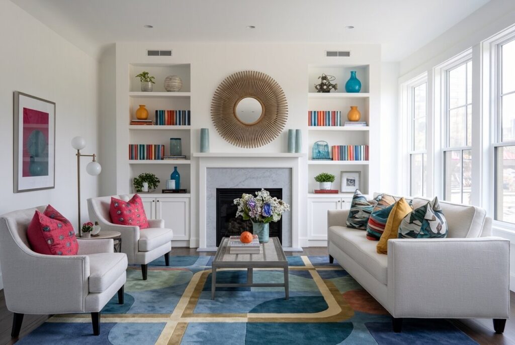 modern colorful living room with white walls and a fireplace