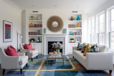 16 Colorful Living Room Ideas for Fearless Color Lovers modern colorful living room with white walls and a fireplace
