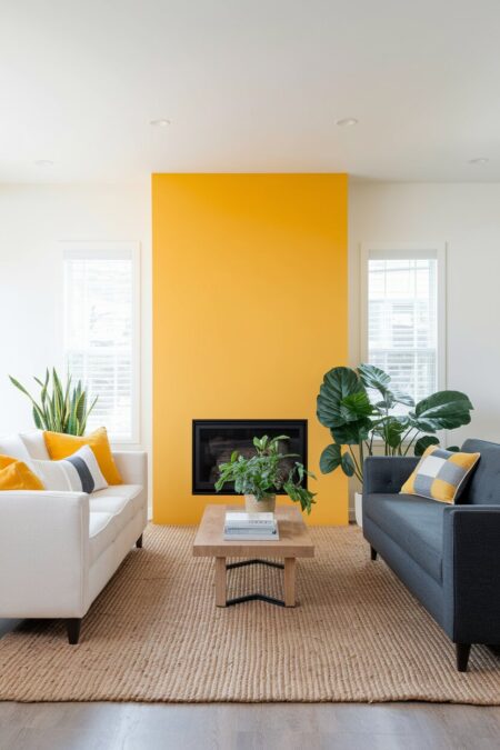 modern living room with a sunny yellow accent wall behind the fireplace, crisp white walls, and a charcoal gray sofa