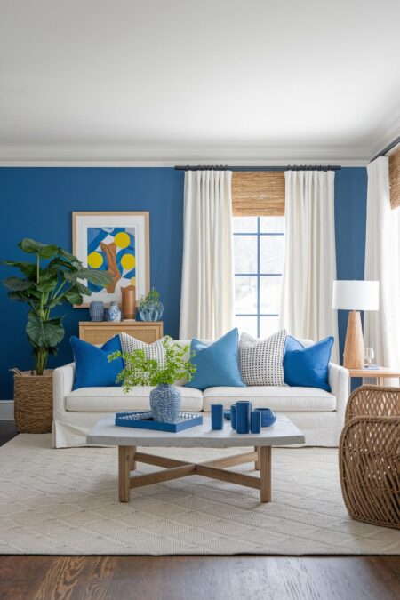 modern living room with blue walls, a white sofa and linen drapery, wicker and wood accents
