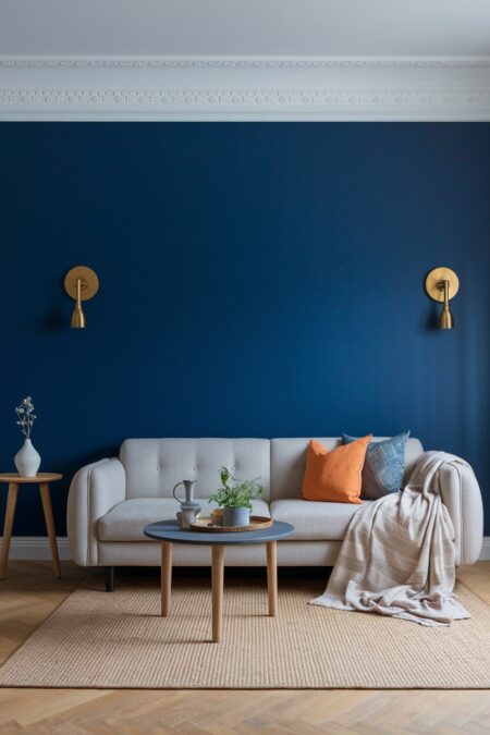 modern living room with deep cobalt blue walls, brass wall sconces, a gray linen sofa, and light oak floor